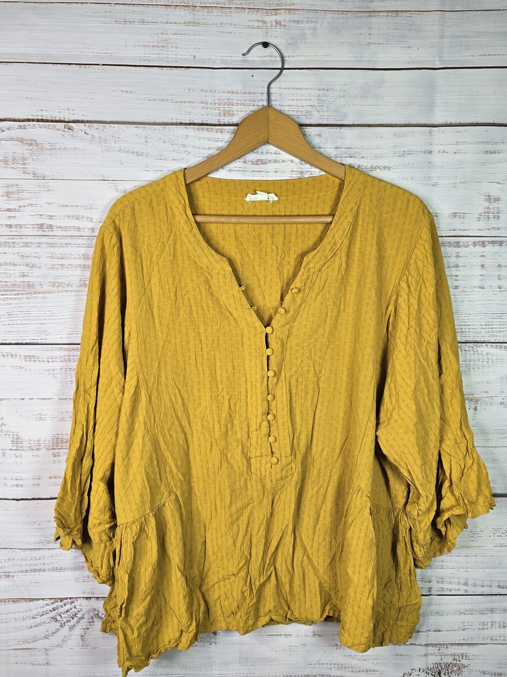 Grand & Greene Mustard Yellow Ruffle Sleeve Henley Blouse Top Plus Size 1X